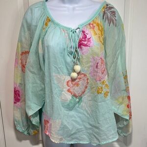 FARM Rio Mint Floral Blouse with Pom Pom Accents